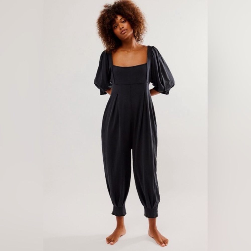 Free People Lotta Love Puff Sleeve Jumpsuit in washed black
